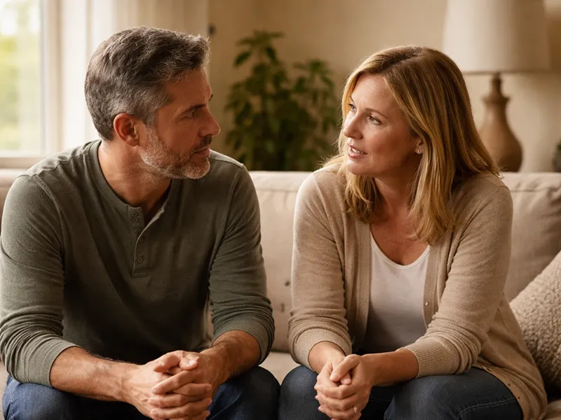 Couple sitting at a table discussing home selling options